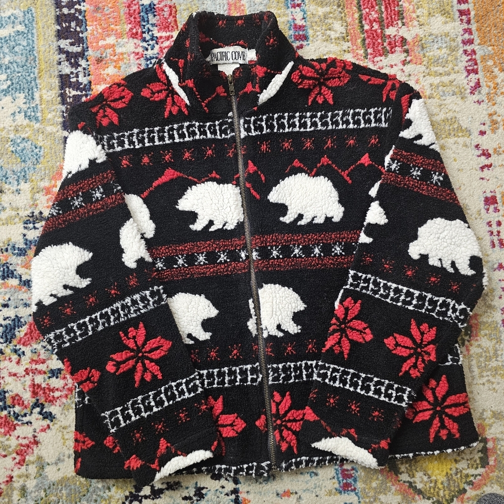 VTG 90s Pacific Cove Womens Large Fair Isle Ski Fleece Zip Jacket Polar Bear USA